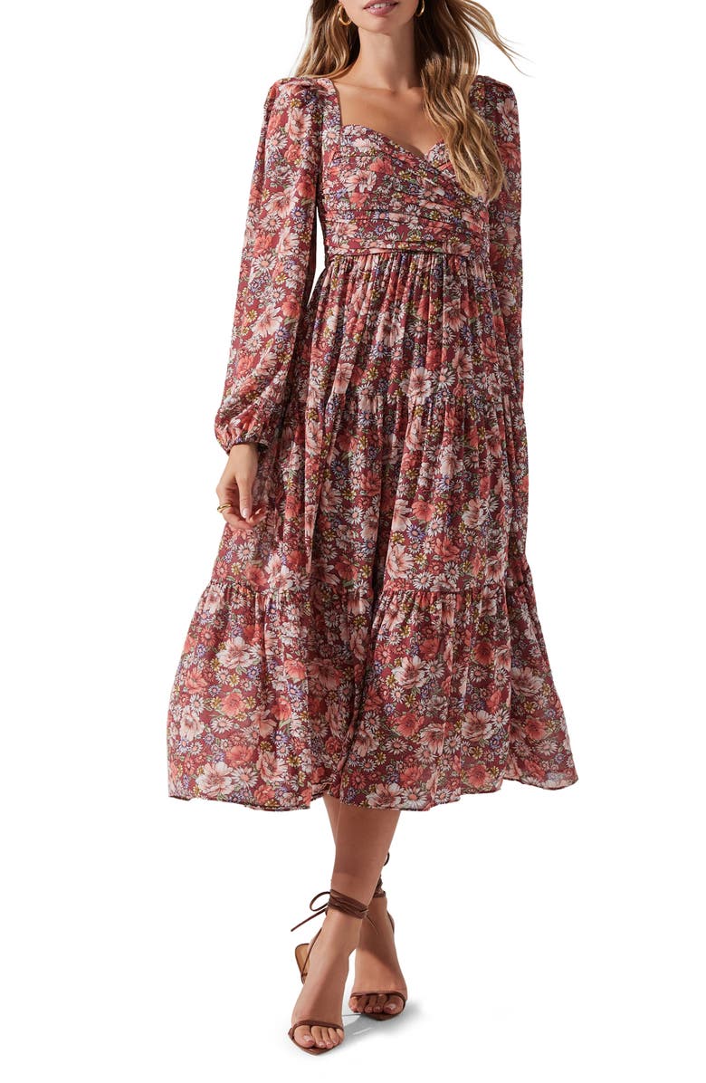 ASTR the Label Floral Pleated Long Sleeve Midi Dress, Main, color, Rust Multi Floral