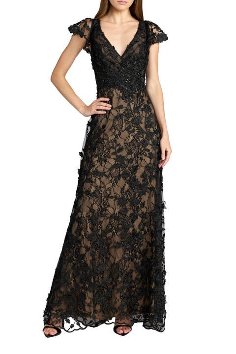 Embroidered Applique Wrap Over Flutter Sleeve Gown