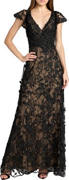 Mac Duggal Embroidered Applique Wrap Over Flutter Sleeve Gown