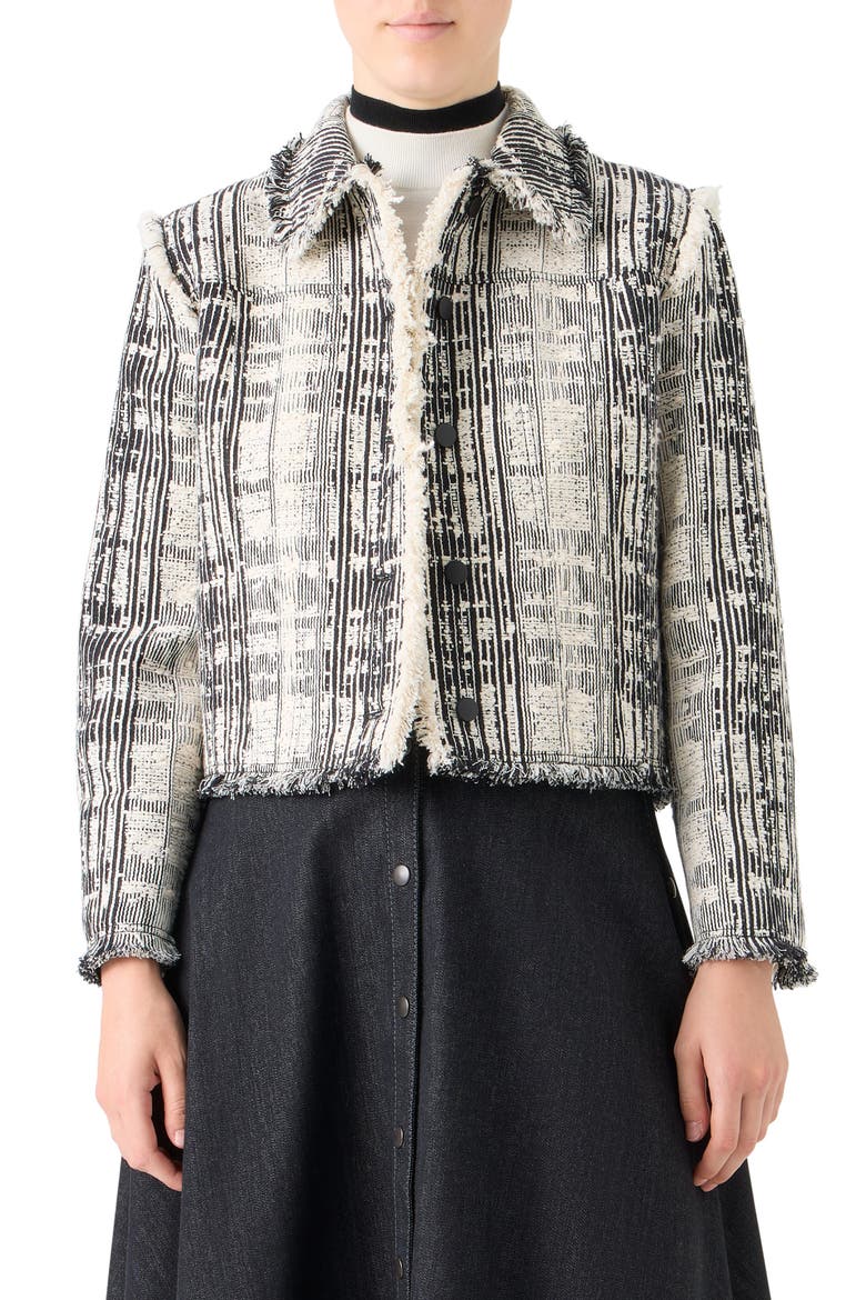 Fringe Trim Mixed Tweed Crop Jacket, Main, color, BLACK-IVORY