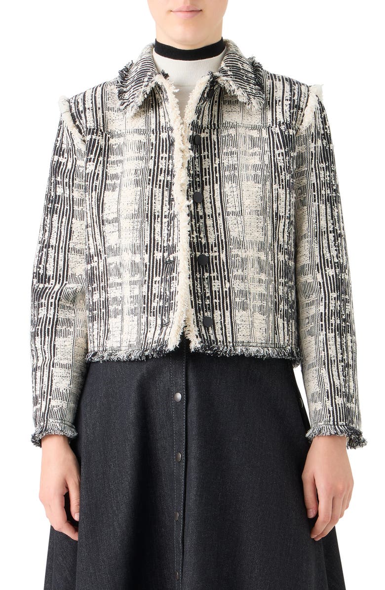Akris punto Fringe Trim Mixed Tweed Crop Jacket, Main, color, Black-Ivory