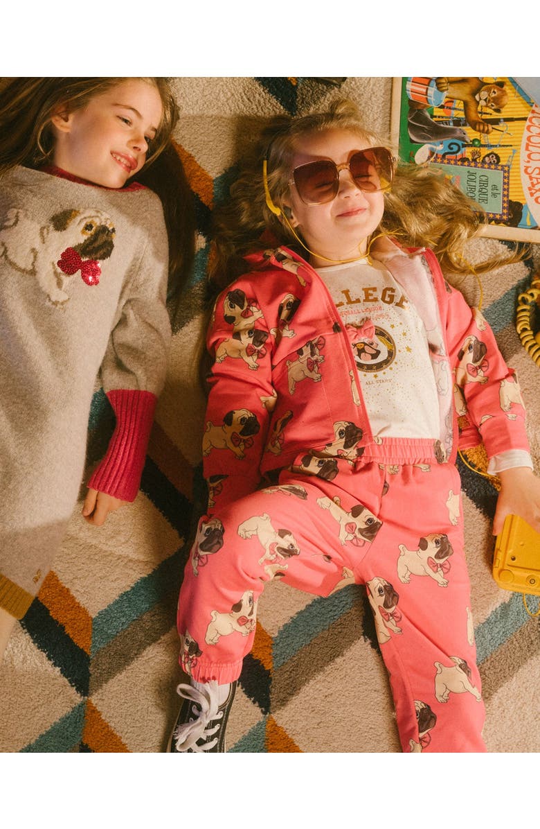 Deux par Deux Girl's Fleece Hooded Cardigan Magenta Printed Pug, Alternate, color, 