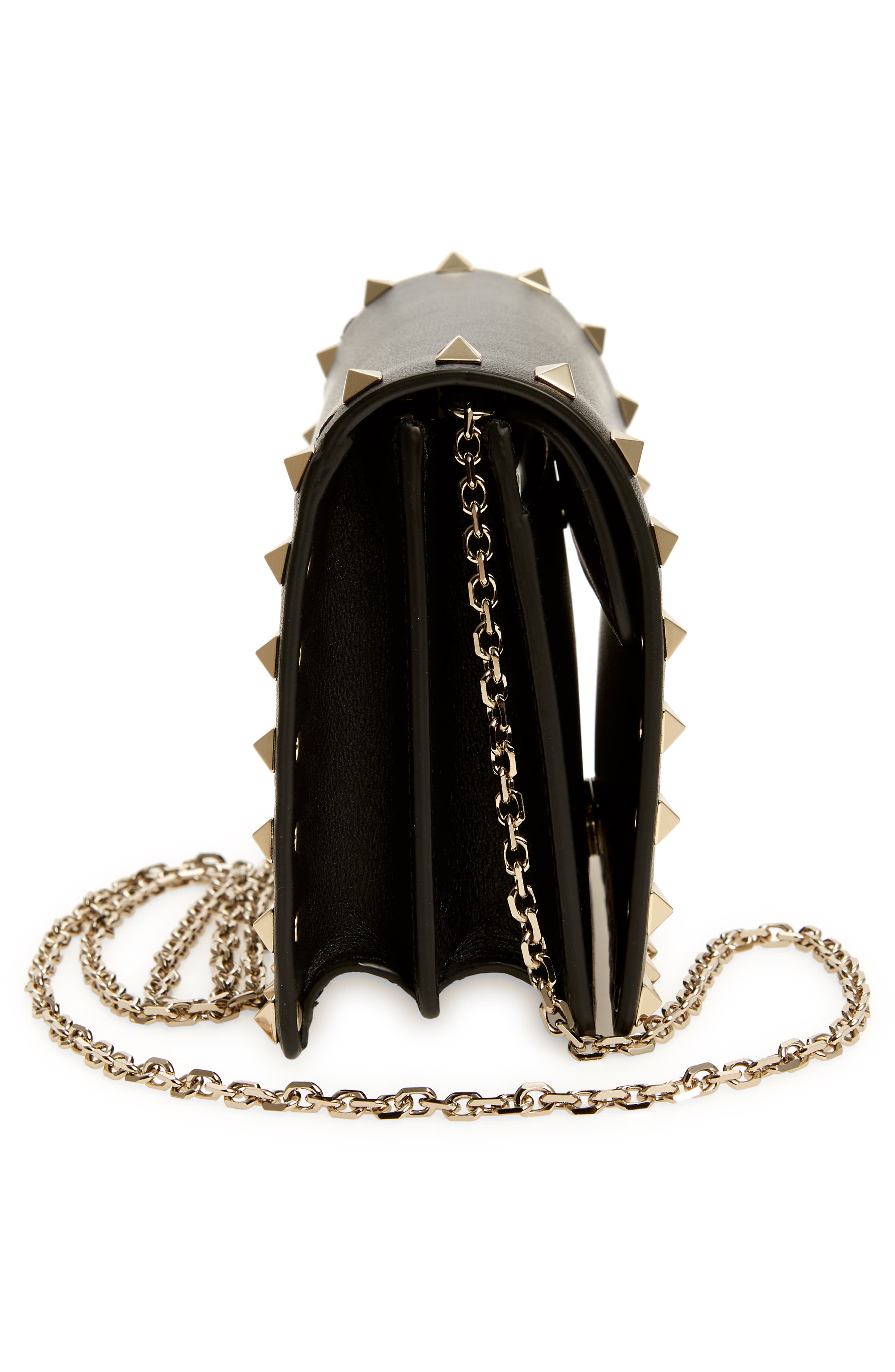 Rockstud Leather Wallet on a Chain, Alternate, color, NERO