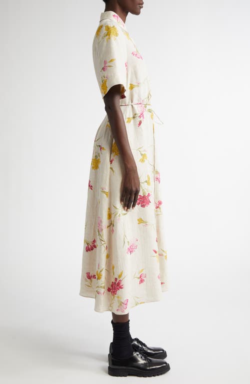 Shop Erdem Floral Print Belted Linen Shirtdress In Dancing Carnation Multi