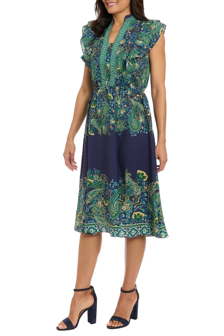 Ruffle Sleeve Midi Dress, Alternate, color, NAVY/ GREEN