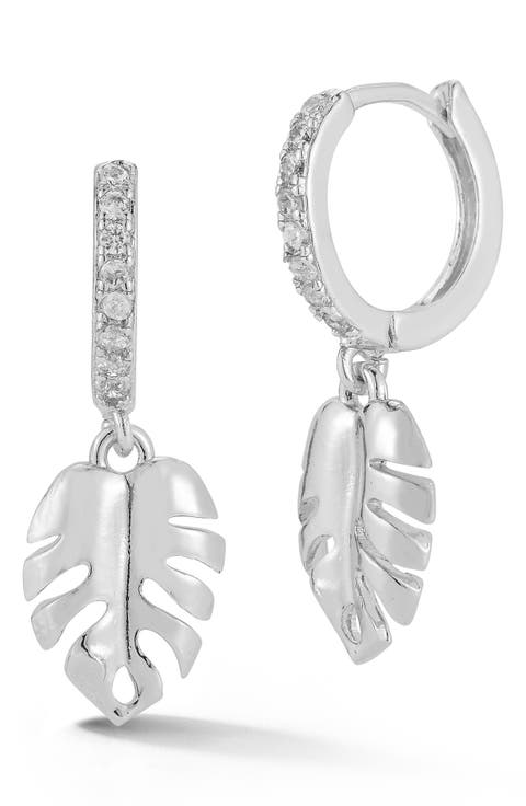 Cubic Zirconia Leaf Drop Huggie Hoop Earrings