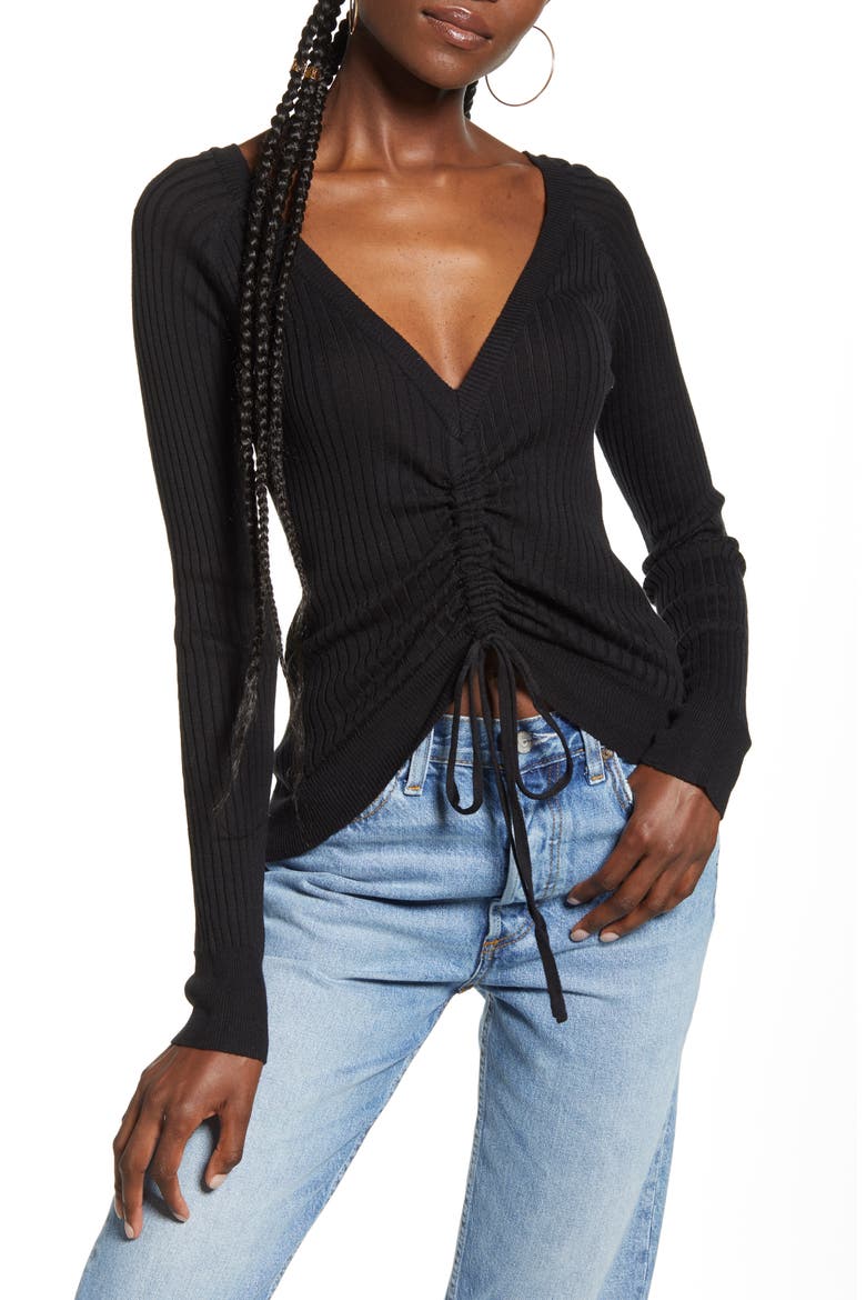 Ruched Drawstring Sweater, Main, color, BLACK