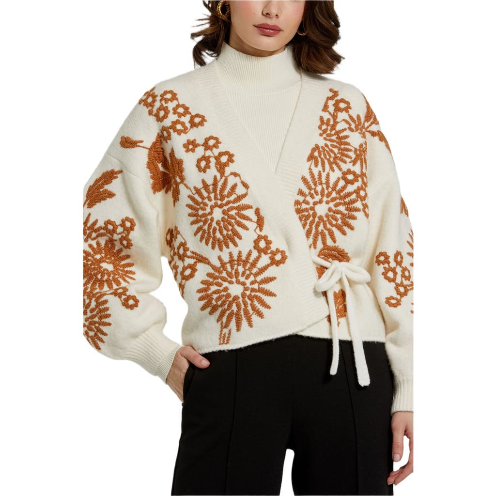 Mac Duggal Cropped Knit Cardigan With Floral Details In Ecru