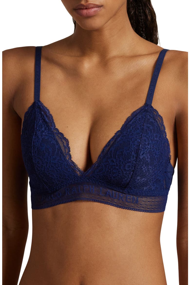 Lace & Stretch Cotton Rib Triangle Bralette, Main, color, NAVY