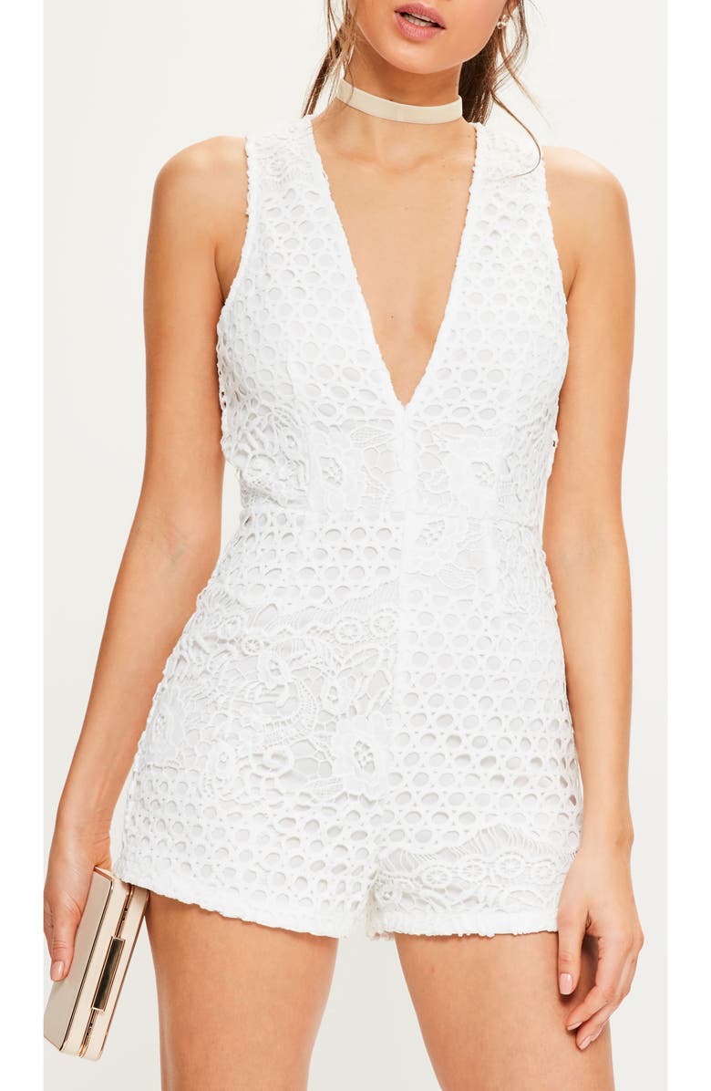 Missguided Sleeveless Crochet Romper, Alternate, color, 