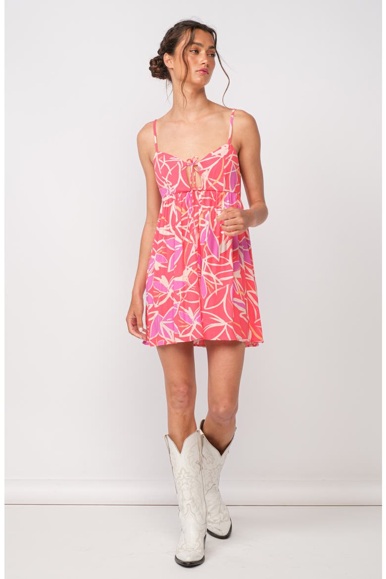 Leaf Print Keyhole Empire Waist Minidress, Alternate, color, PINK