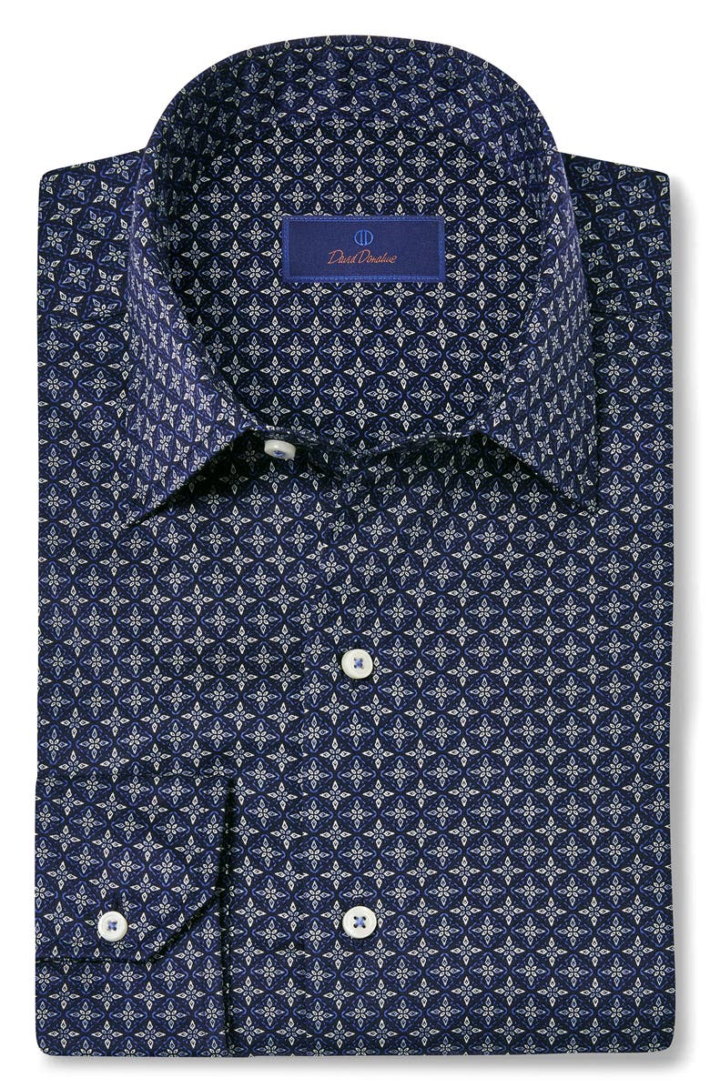 David Donahue Geometric Print Cotton Sport Shirt, Alternate, color, Navy