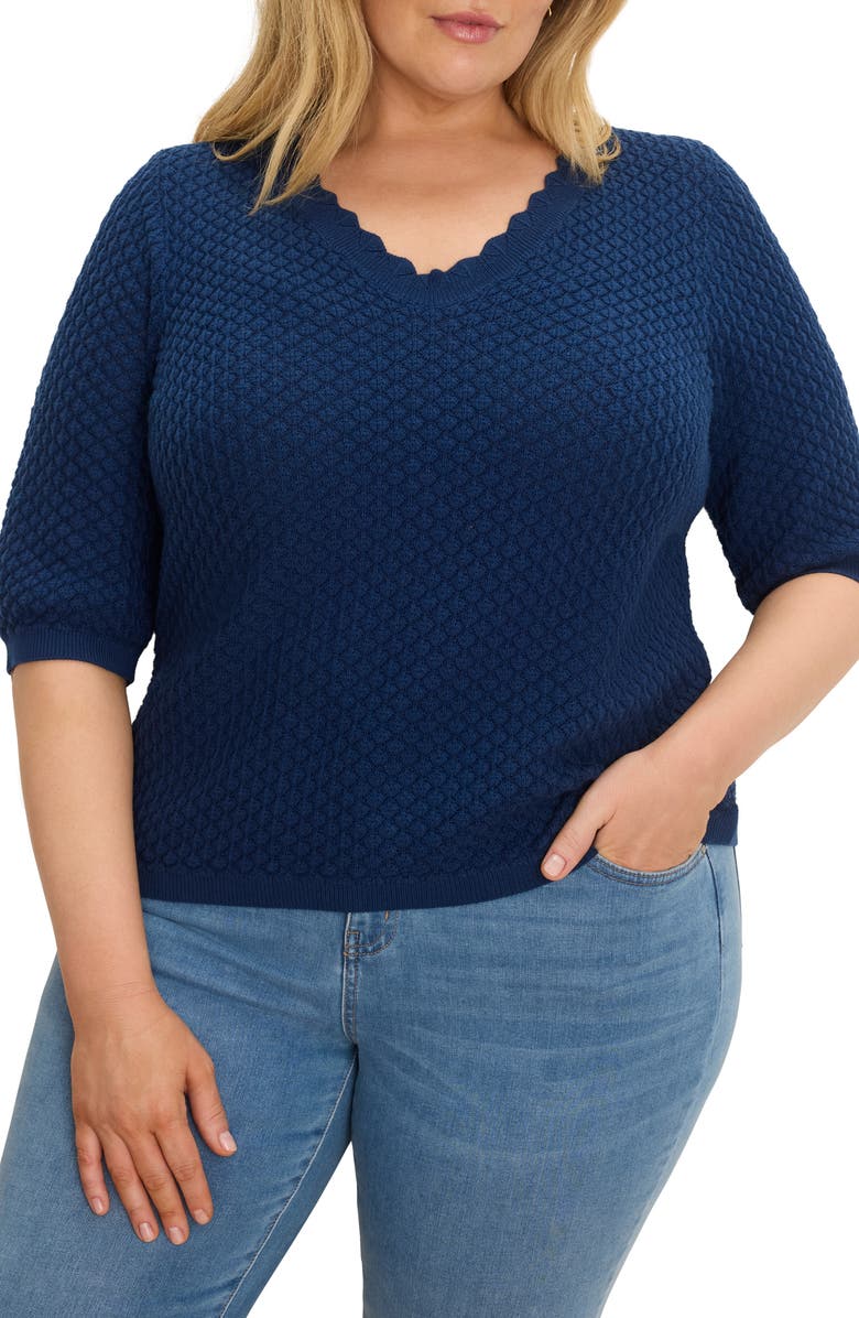 NIC+ZOE Scallop Texture Short Sleeve Sweater, Main, color, Rich Indigo