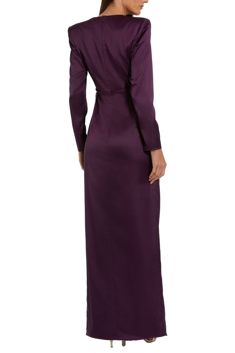 Women's Long Sleeve Satin Structured Bow Draped Column Gown, Alternate, color, Eggplant