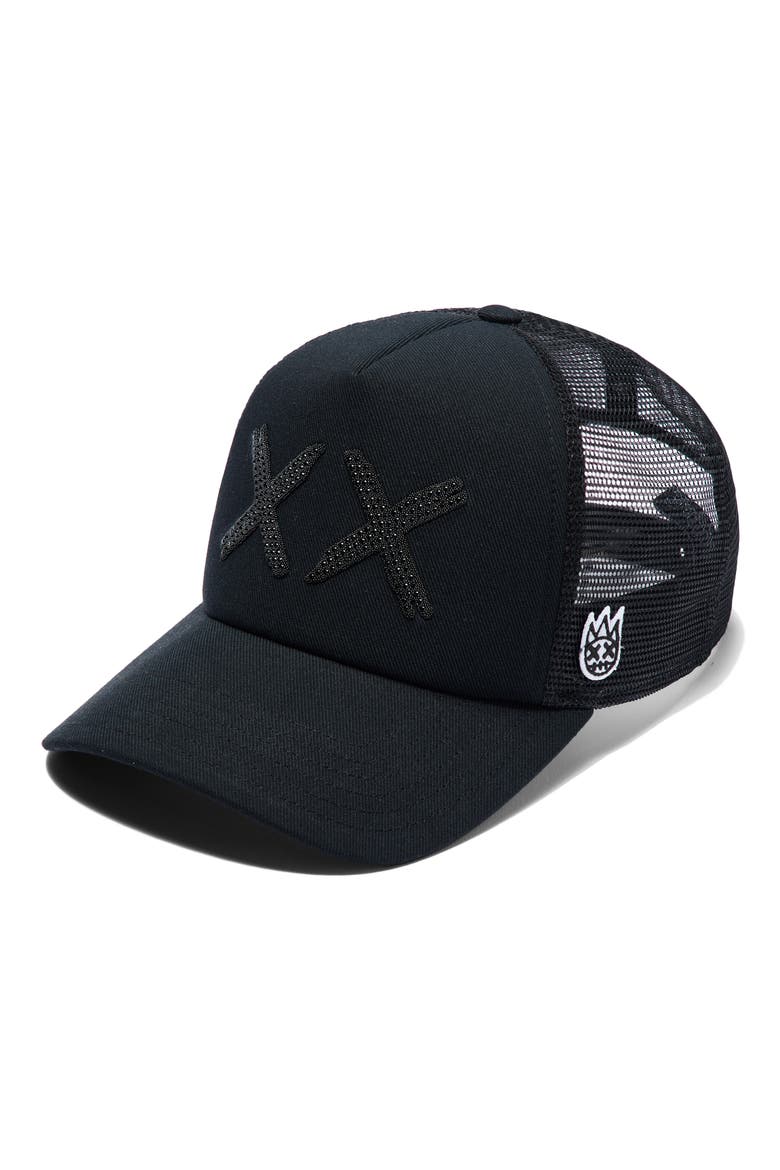 XX Crystal Embellished Trucker Hat, Main, color, BLACK/ BLACK