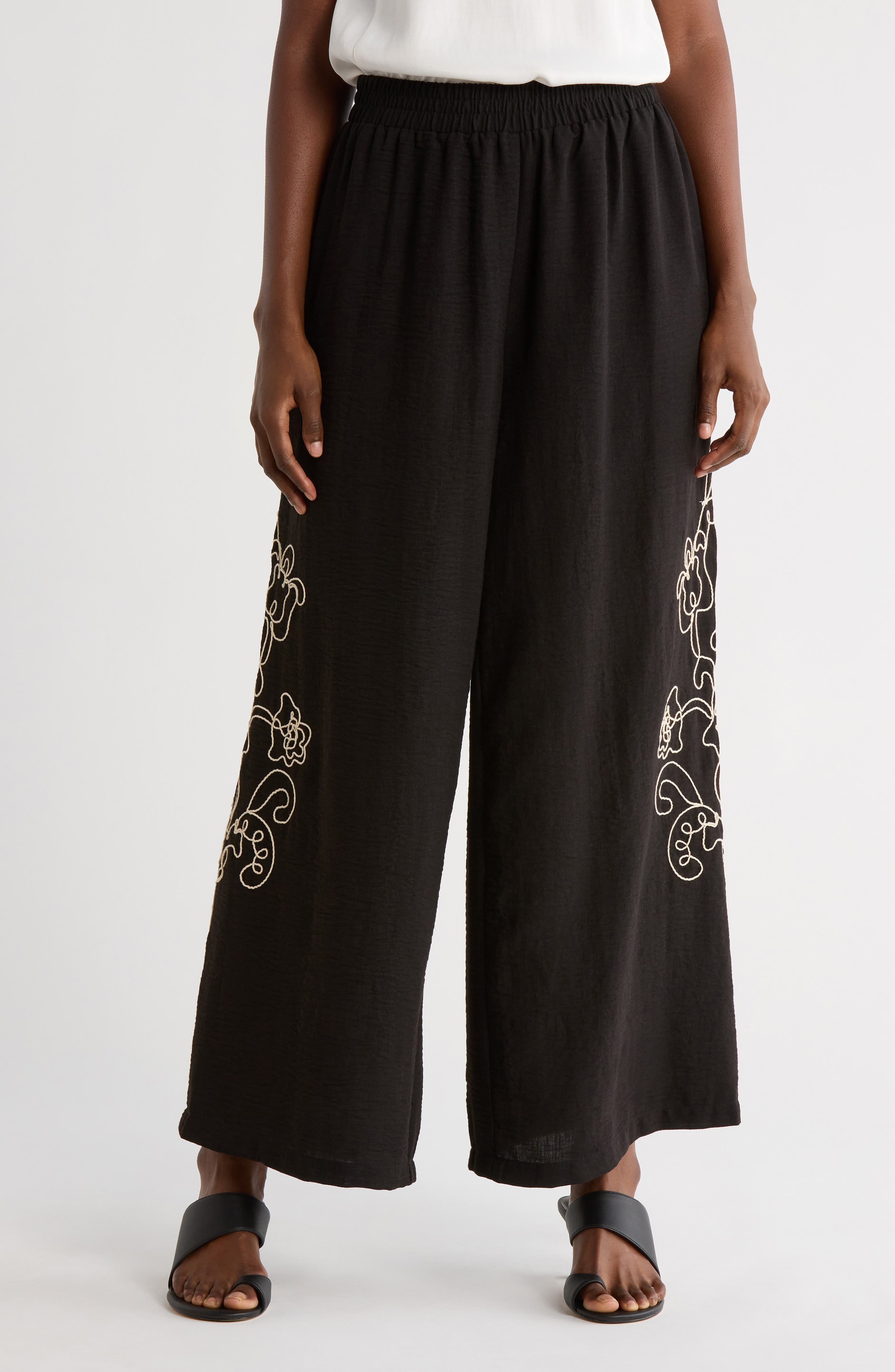 Adrianna Papell Floral Embroidered Wide Leg Pull-On Pants