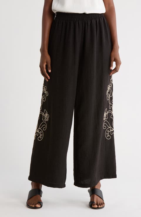 Floral Embroidered Wide Leg Pull-On Pants