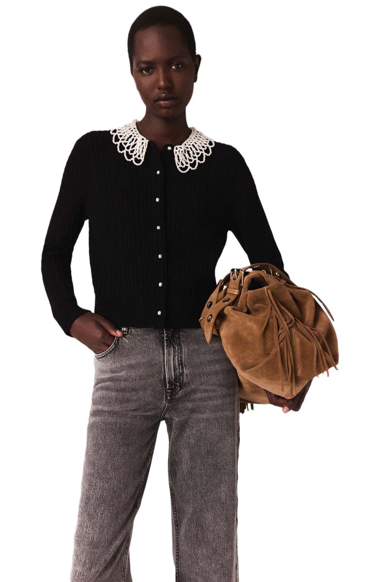 maje Cardigan with removable beaded collar, Alternate, color, Black