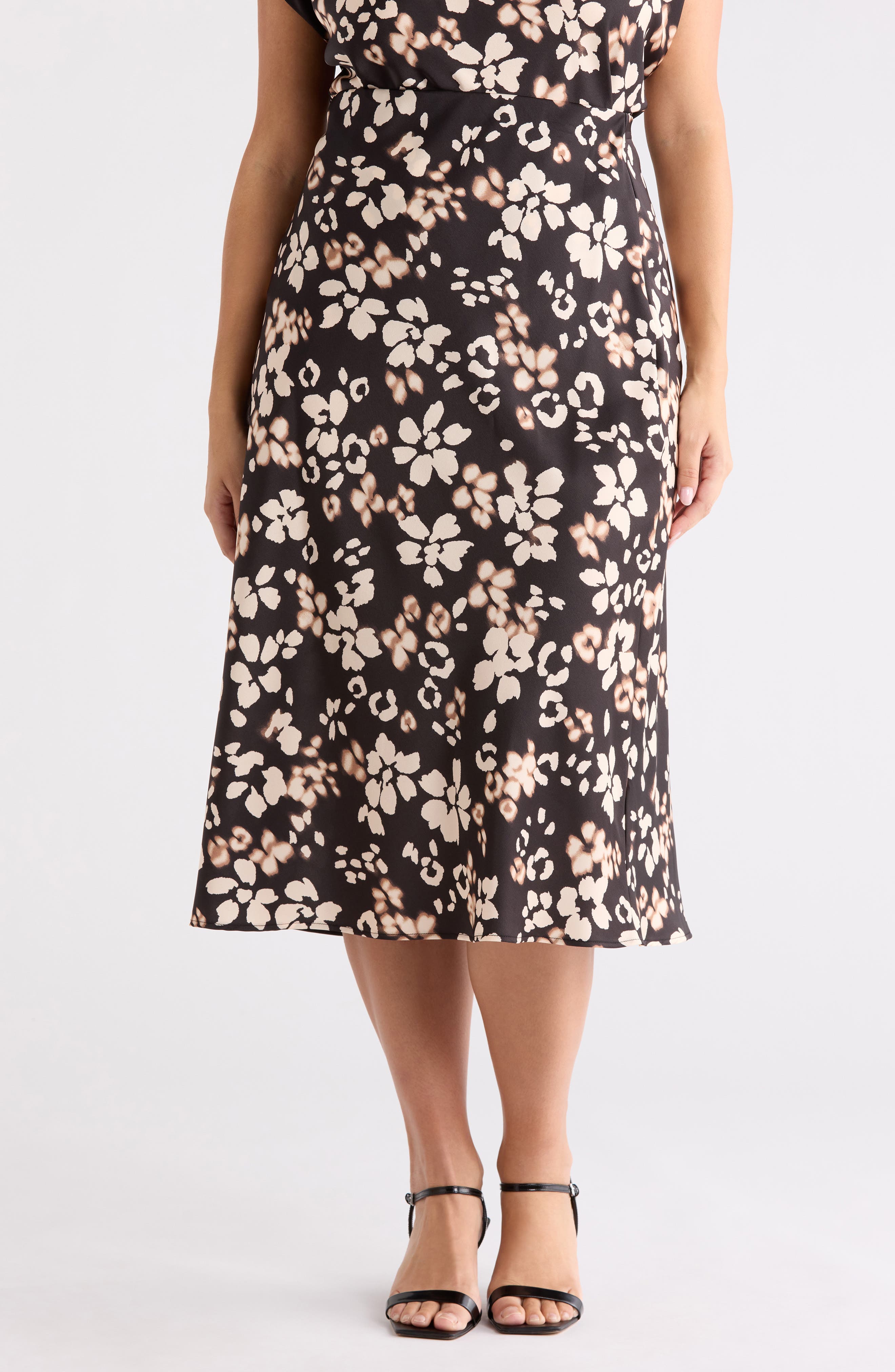Renee C Floral Satin Midi Skirt