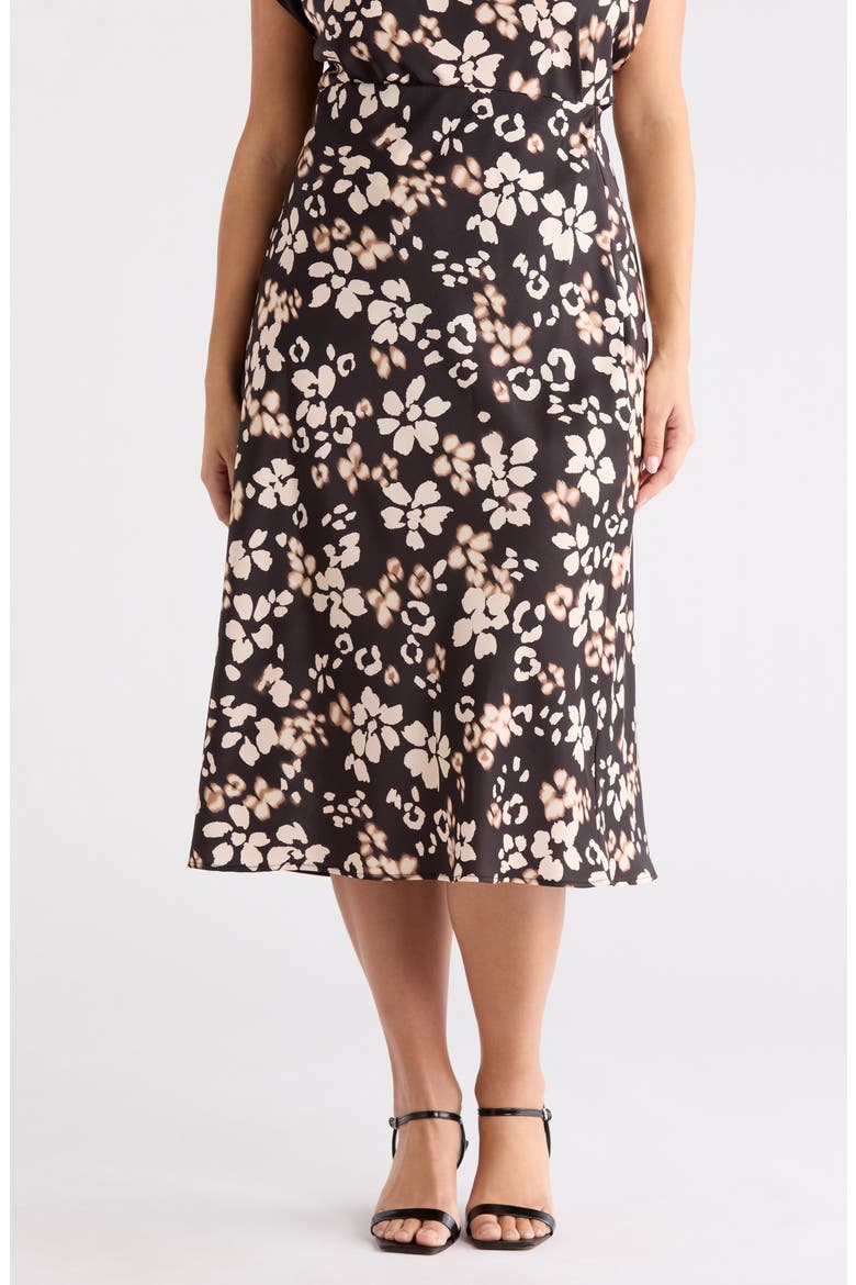 Floral Satin Midi Skirt, Main, color, BLACK