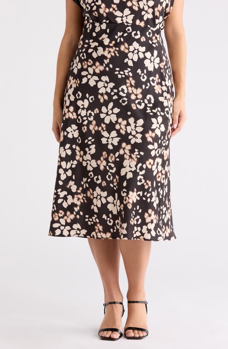 Renee C Floral Satin Midi Skirt, Main, color, Black