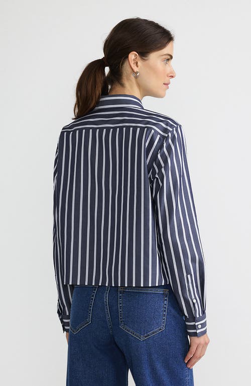 Lands' End No Iron Boxy Cropped Shirt In Navy/white Dual Stripe