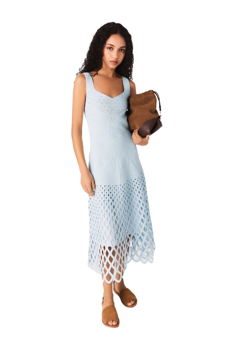 blue crochet dress Teagan Floral Hand Midi / | MESHKI crocheted roses along the neckline and floral accents at the front and back waistline for a beautifully sculpted look Cobalt Blue Crochet Bead Detail
