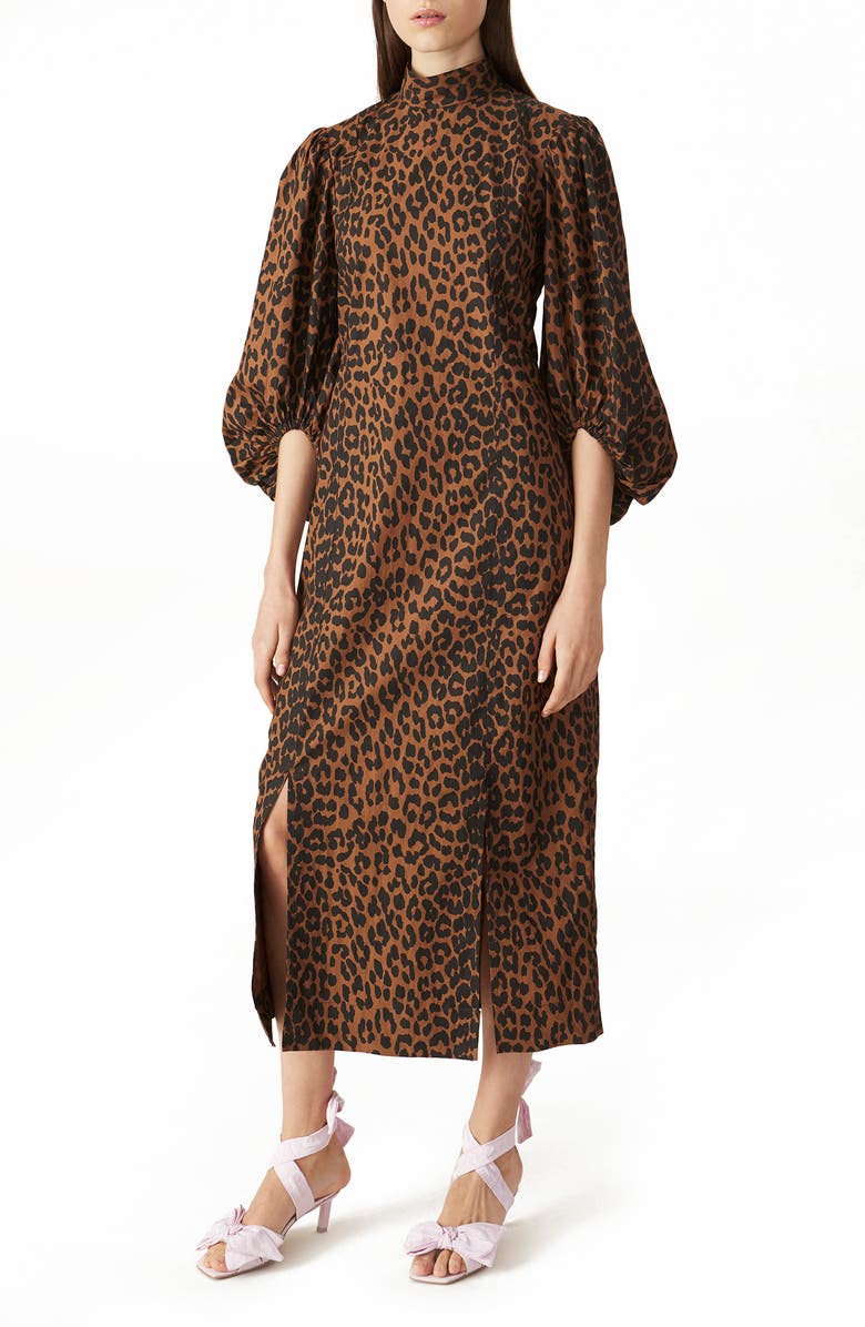 Ganni Leopard Print Balloon Sleeve Organic Cotton Dress, Main, color, 
