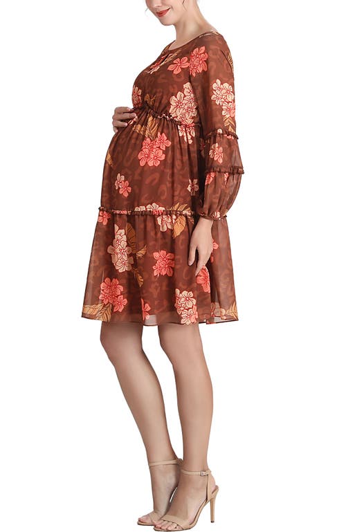 Kimi & Kai Abby Long Sleeve Maternity Babydoll Dress In Brown