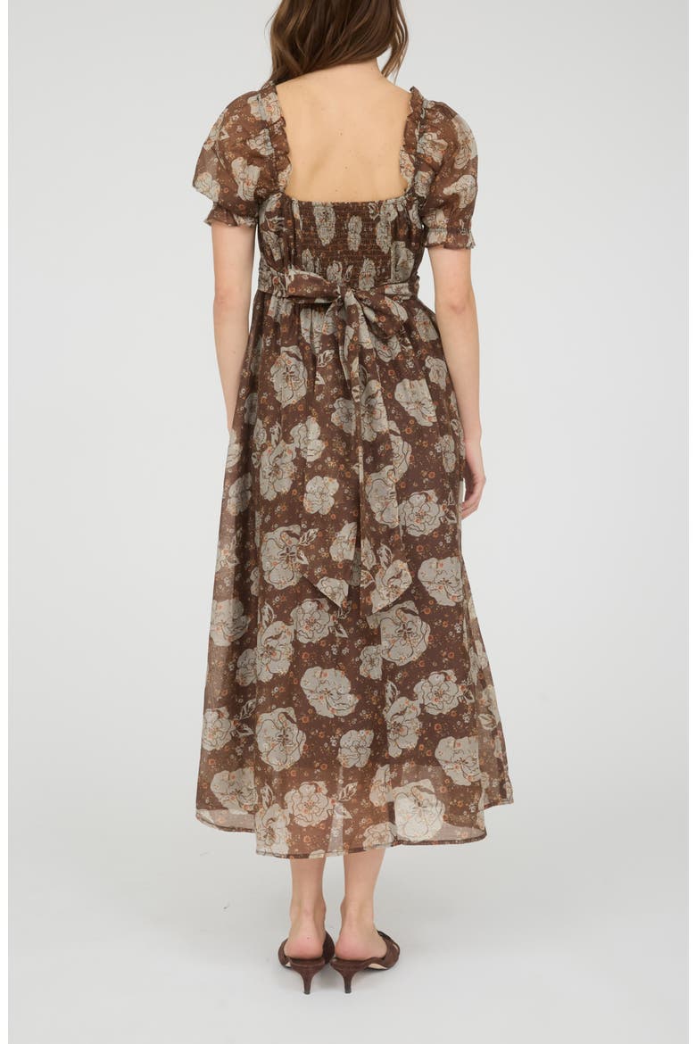 Puff Sleeve Midi Dress, Alternate, color, BROWN MULTI