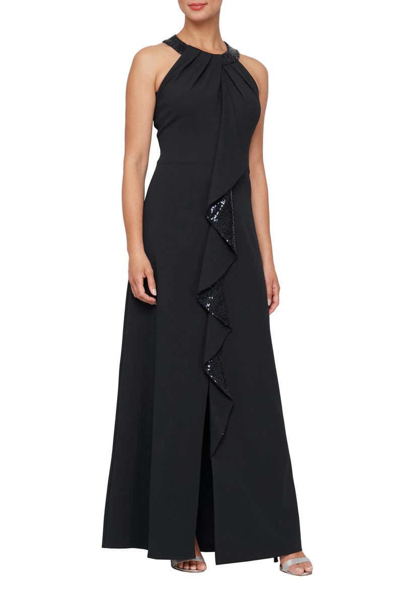 Sequin Halter Neck Ruffle Gown, Main, color, BLACK