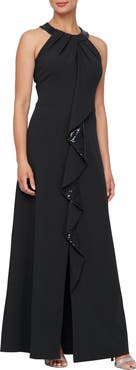 SL FASHIONS Sequin Halter Neck Ruffle Gown