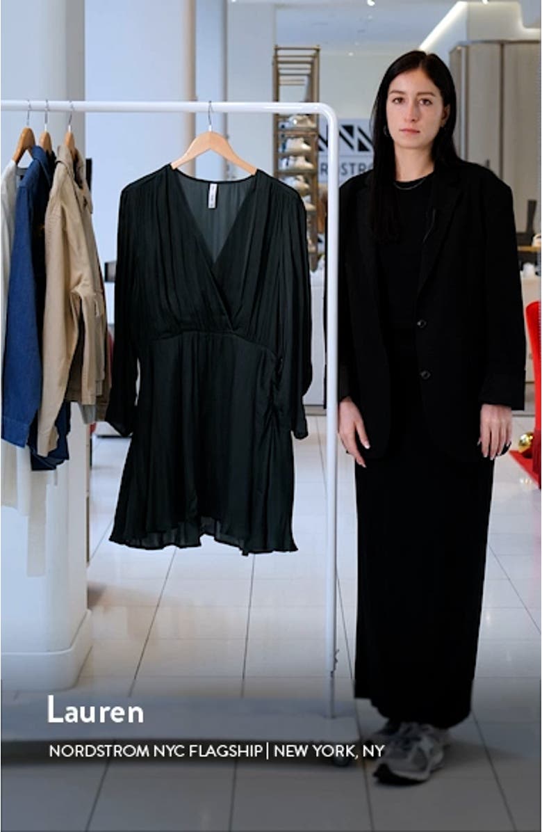 Long Sleeve Faux Wrap Satin Minidress, sales video thumbnail