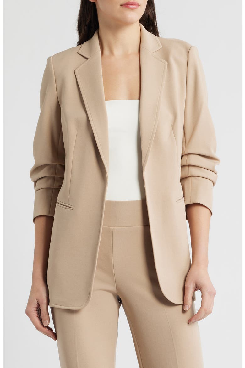 Scrunch Sleeve Open Front Jacket, Main, color, LATTE
