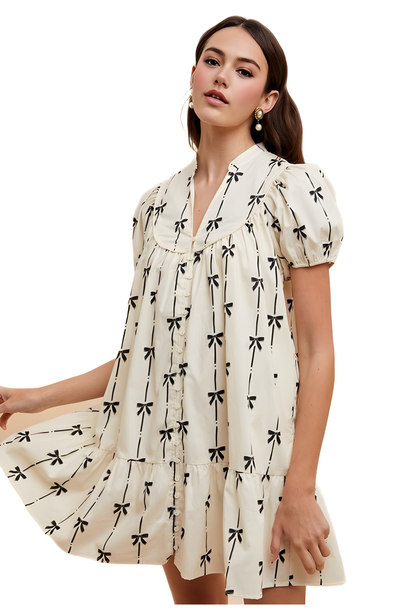 Knit and Lounge Short Sleeve Bow Print Mini Dress, Alternate, color,