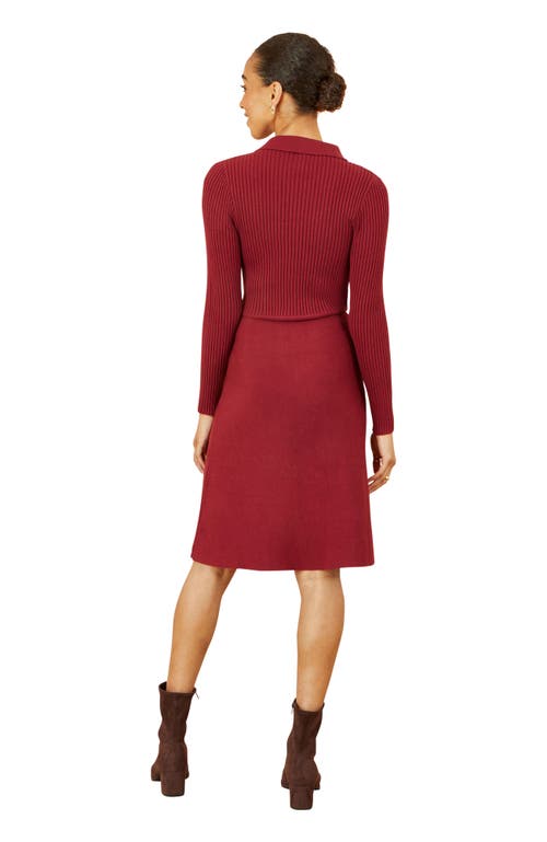Yumi Belted Rib Knit Midi Dress With Pockets In Burgundy