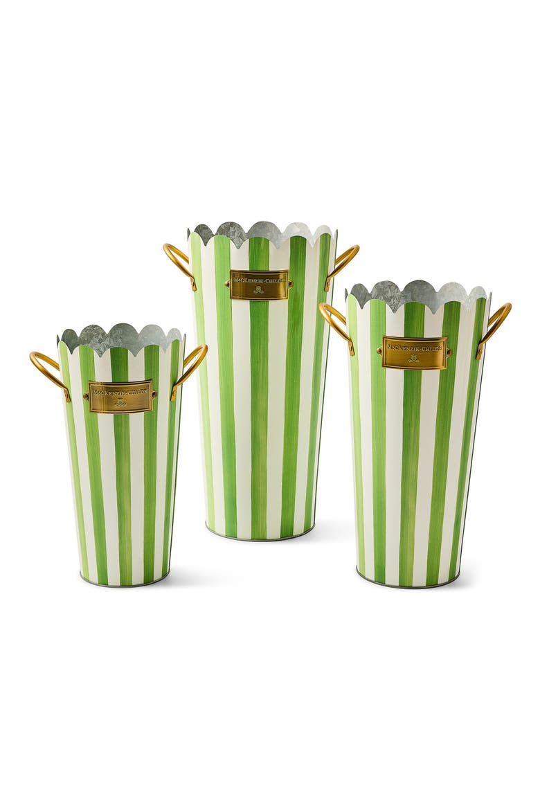 Grass Green Stripe Set of 3 Flower Buckets, Main, color, GREEN
