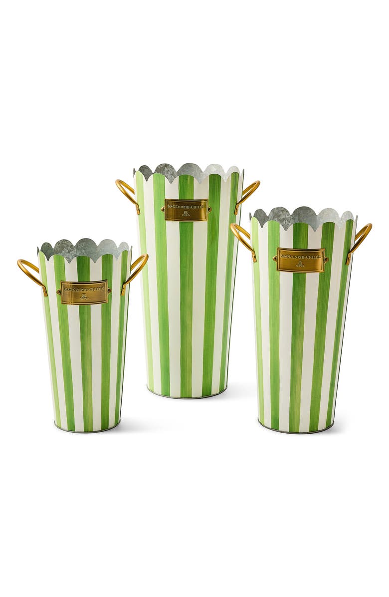 MACKENZIE CHILDS Grass Green Stripe Set of 3 Flower Buckets, Main, color, Green