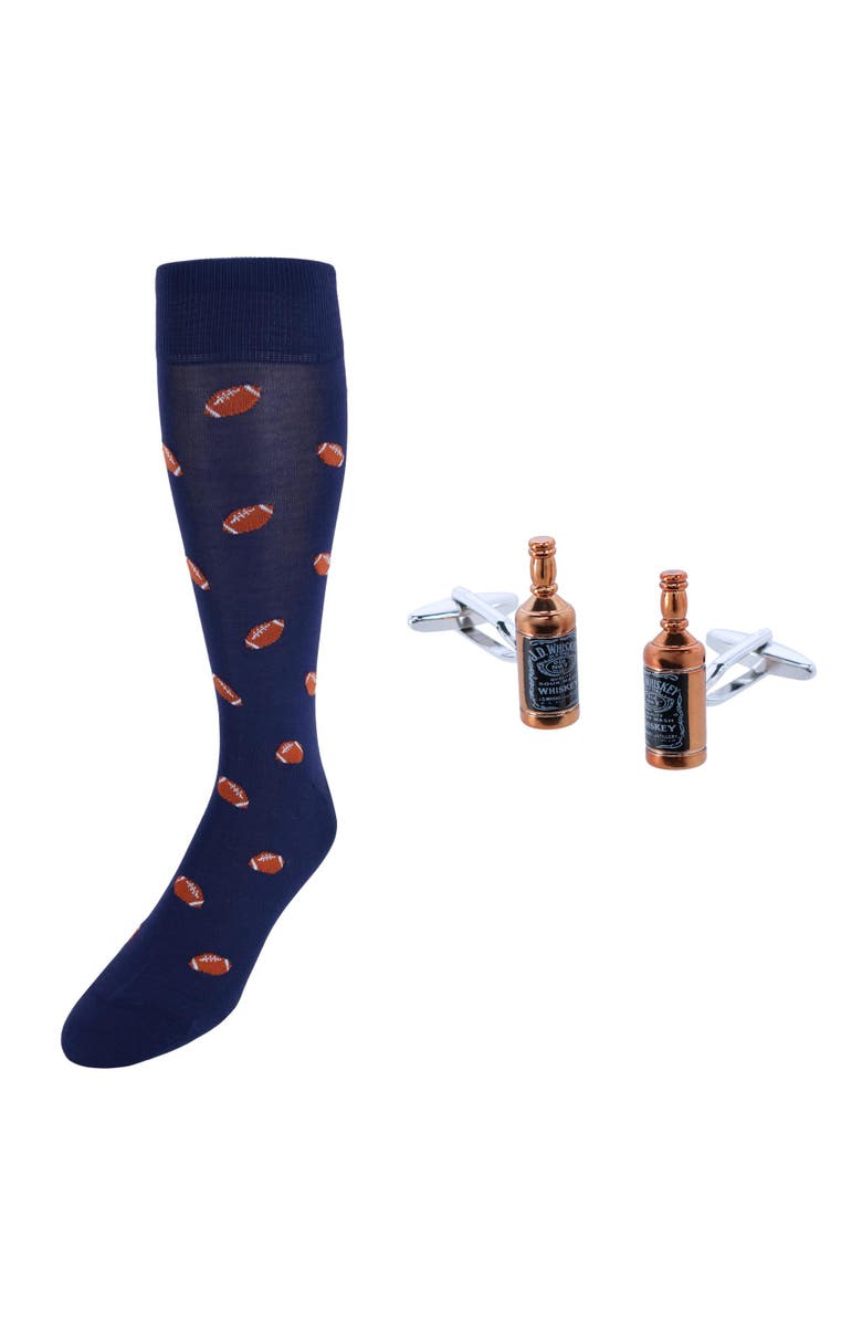 Trafalgar Cheers Whiskey Bottle Cufflinks & Touchdown Football Mid-Calf Socks, Main, color, Brown