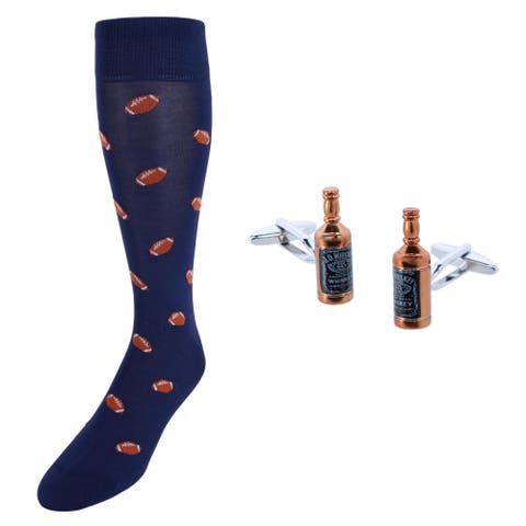 Cheers Whiskey Bottle Cufflinks & Touchdown Football Mid-Calf Socks