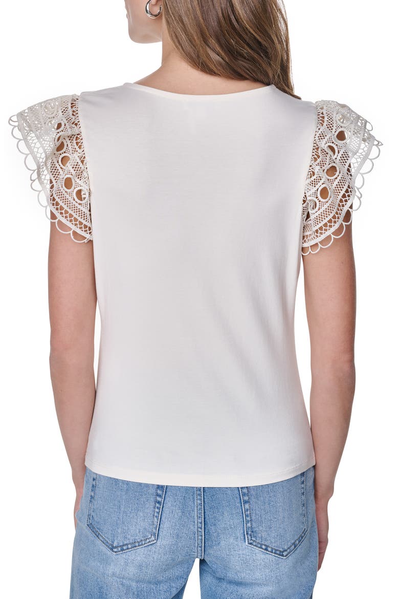 Center Ruched Lace Sleeve Cotton Blend Top, Alternate, color, COCONUT