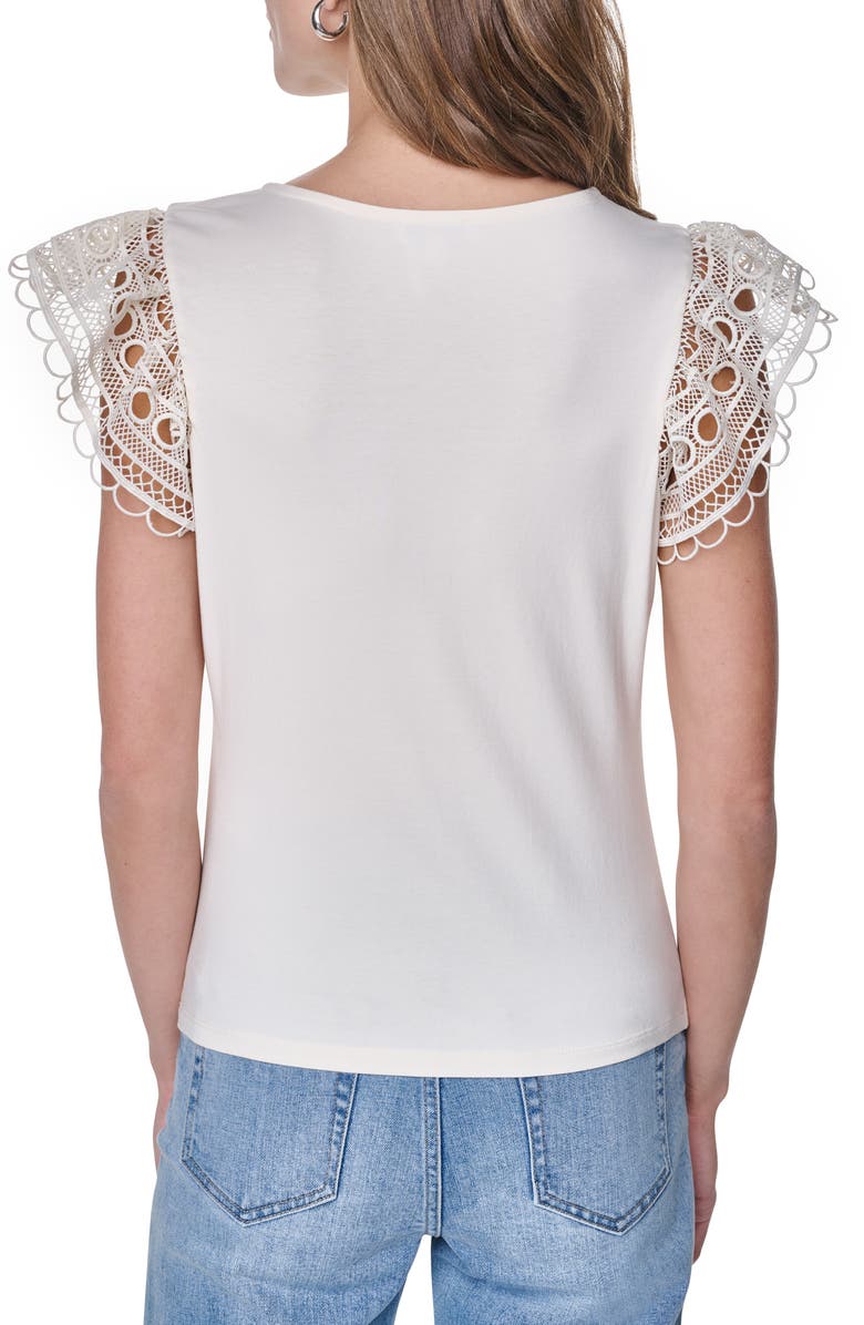 DKNY Center Ruched Lace Sleeve Cotton Blend Top, Alternate, color, Coconut