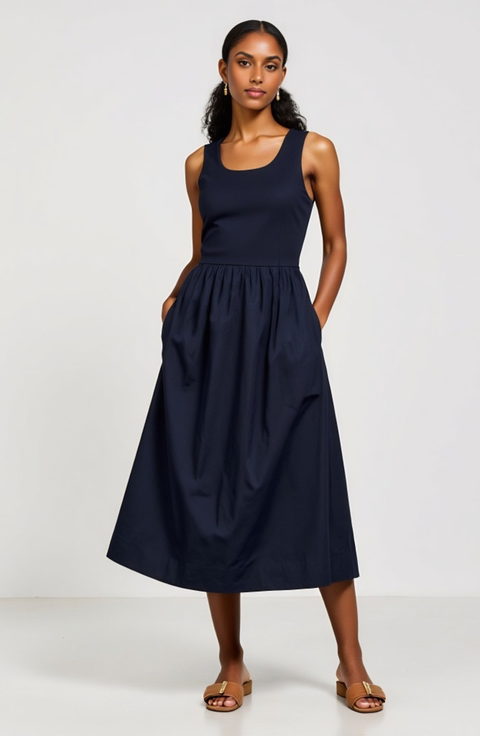 Sleeveless Fit-and-Flare Maxi Dress with Seam Waist and Side Pockets