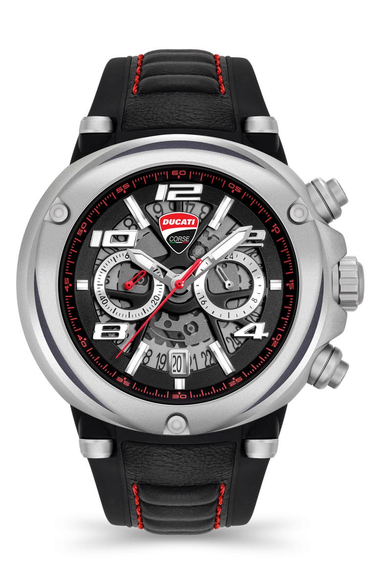 Ducati Corse Partenza Chronograph Leather Strap Watch, 49mm, Main, color, 