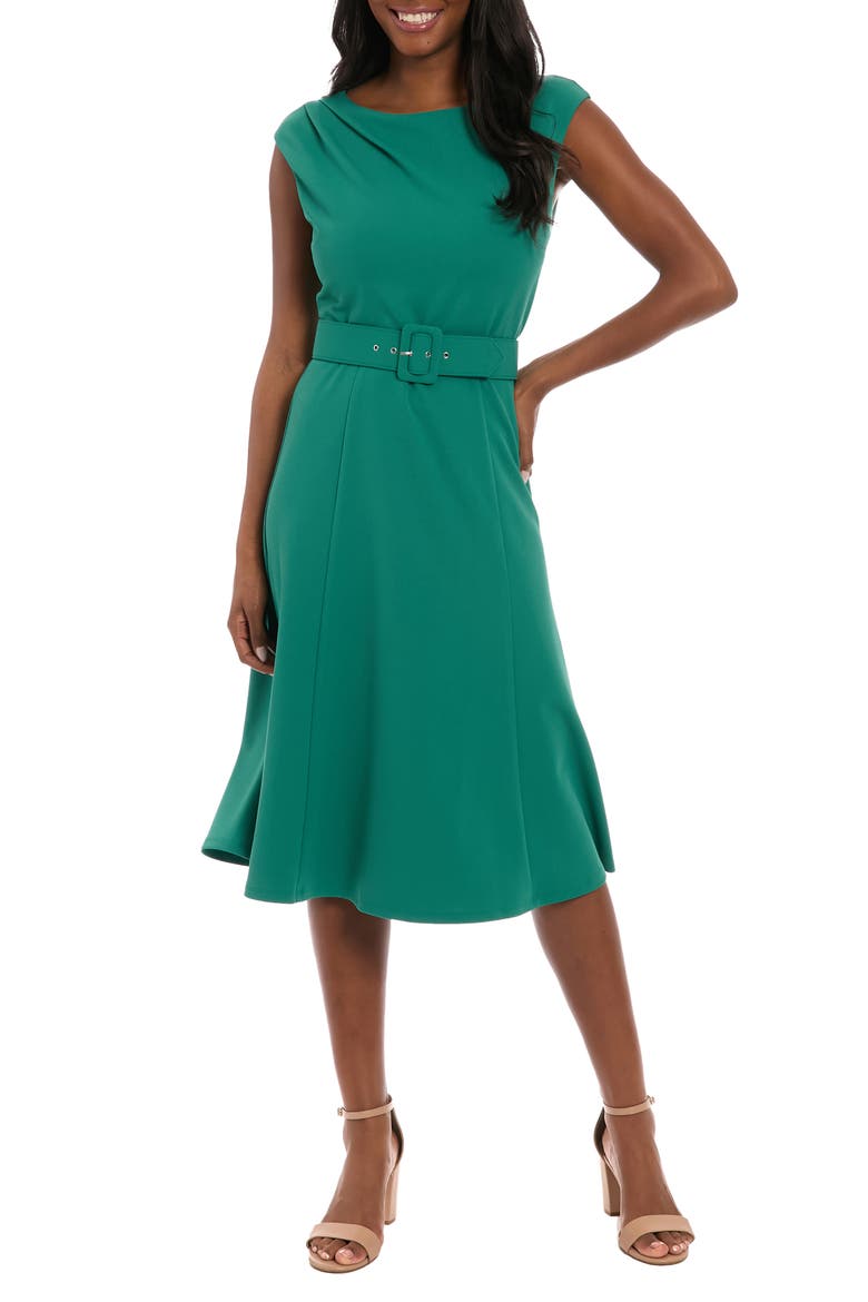 Cap Sleeve Belted Fit & Flare Midi Dress, Main, color, IVY GREEN