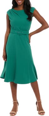 London Times Pleated Boat Neck Fit & Flare Dress