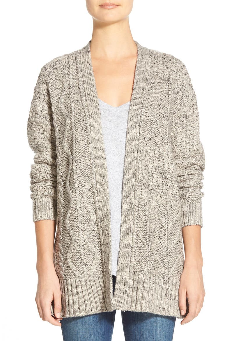 Marled Panel Stitch Open Front Cardigan, Main, color, MARLED FLAX