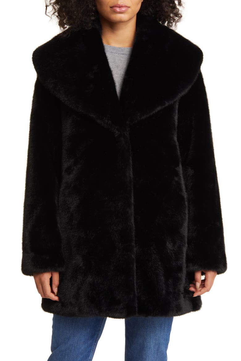 Shawl Collar Faux Fur Jacket, Main, color, BLACK