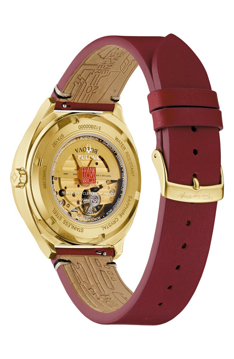 BULOVA Frank Lloyd Wright Collection Leather Strap Watch, 40mm, Alternate, color, Gold-Tone