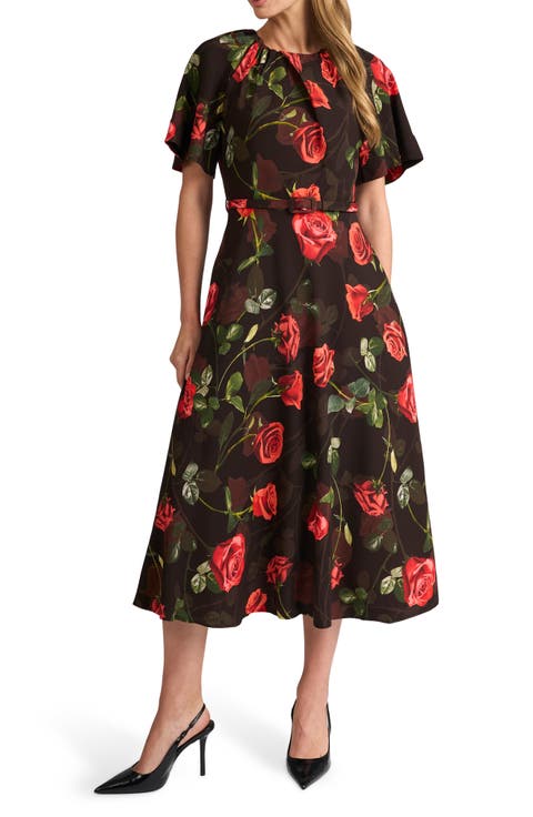 Bethany Floral Cape Sleeve Midi Dress